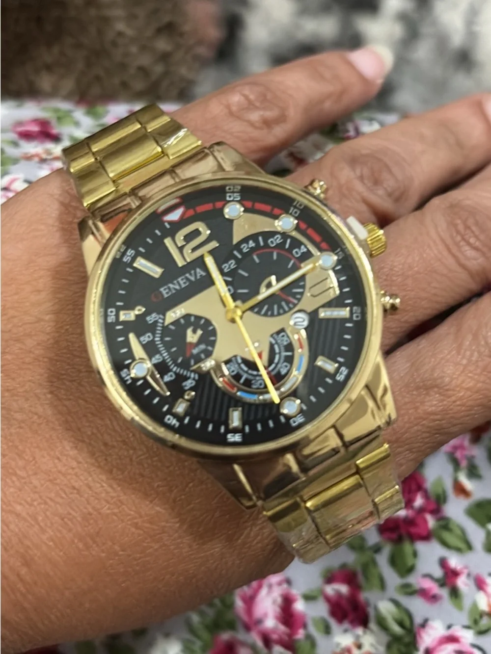 Geneva Gold Tone Watch with Black Dial